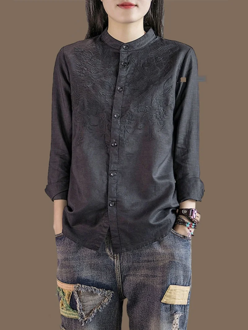 

Retro Cotton Linen Embroidered Stand Collar Women's irt Heavy Work Spring Autumn New Sle Open Cardigan Top Commute Sle ...