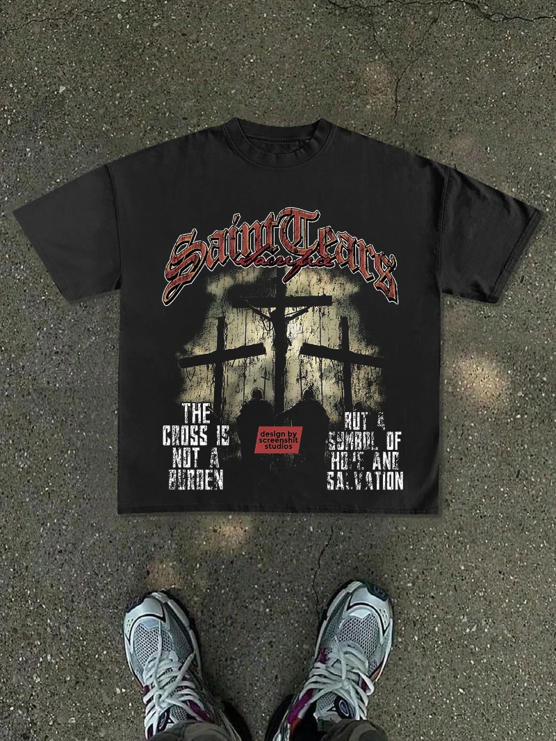 Men's New T-shirt/Vintage Future Y2K Clothing Print/Front Retro Dark Cross Print/Gothic Slogan/Retro Rock Style