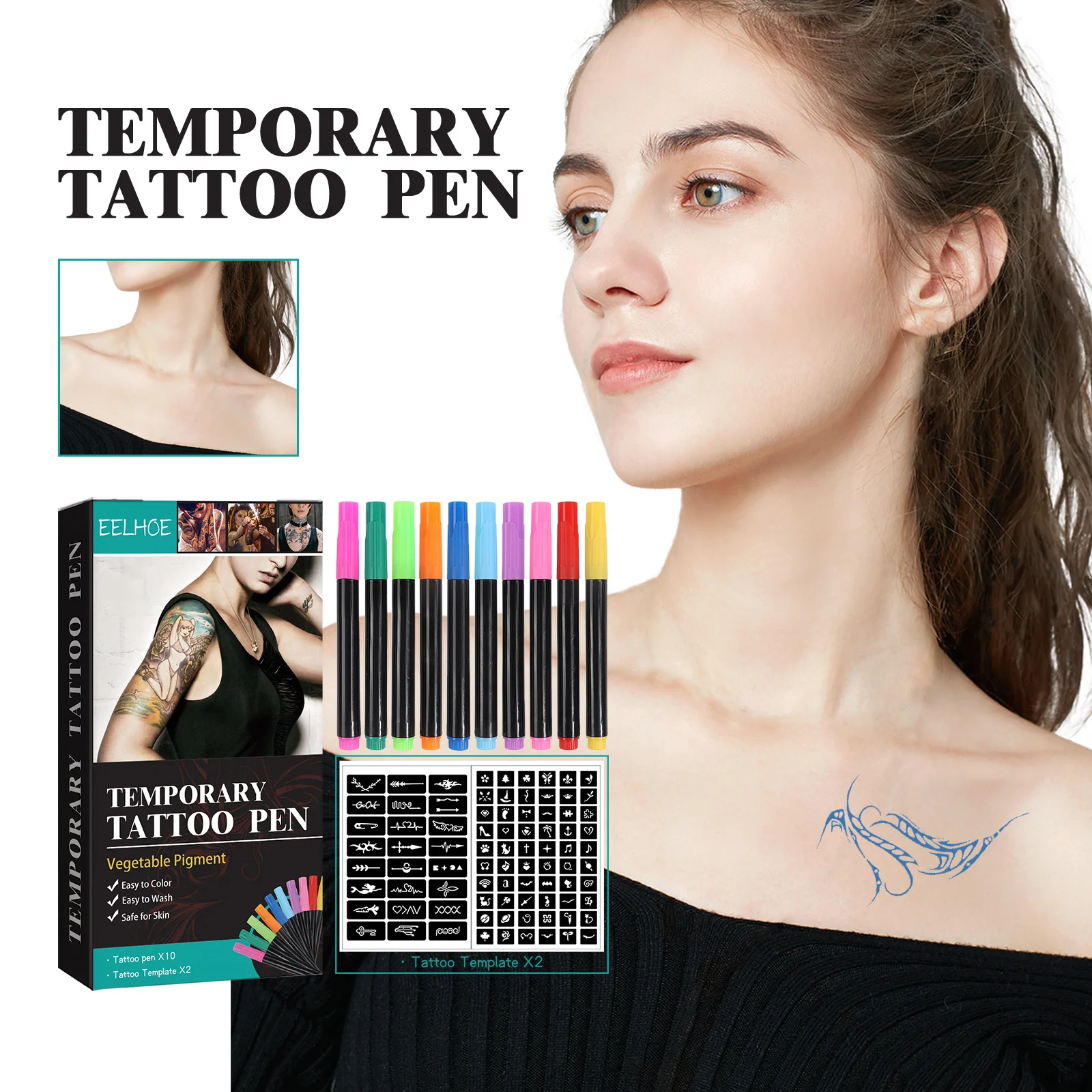 Emporary Tattoo Pen Set With Tattoo Template Various ColorsOf Human Body Art Painting fFace And Arms Body DIY Tattoo Pattern