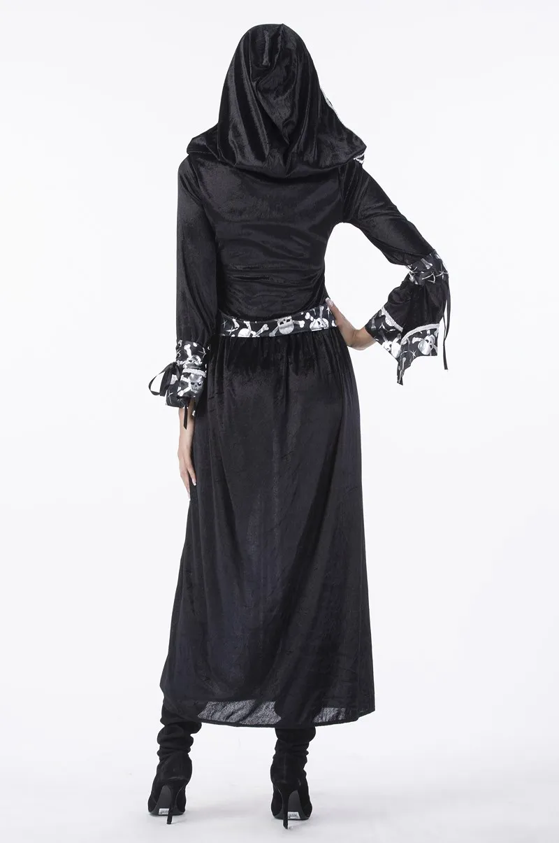 

Women's Halloween Witch Costume Black Velvet Hooded Maxi Dress with Skull Print for Party Cosplay