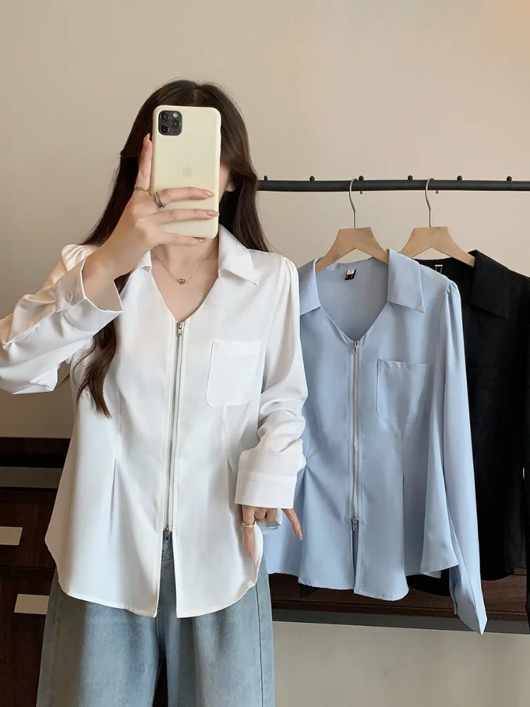 

Женская блузка с двойной молнией, больших размеров, повседневная, свободного кроя, с длинным рукавом, воротником, весенняя, модный дизайн, топ-сенсация