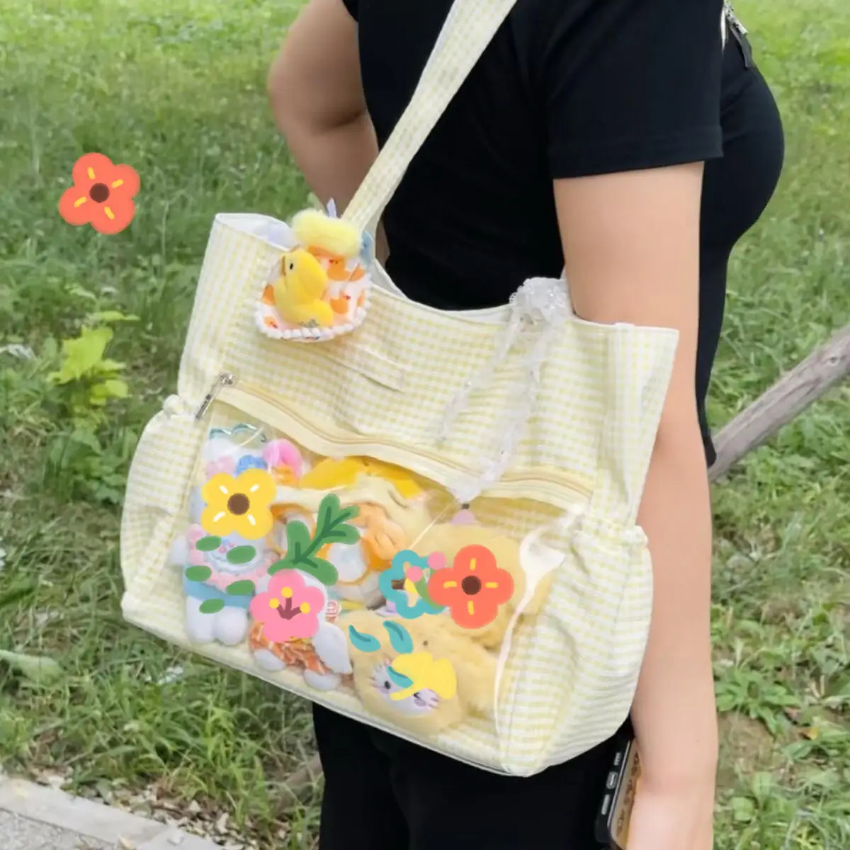 New Y2k Cute Ita Bag Girls Transparent Shoulder Bag Fashionable Large Capacity Polka Dot Canvas Tote Bag Casual Commuter Handbag