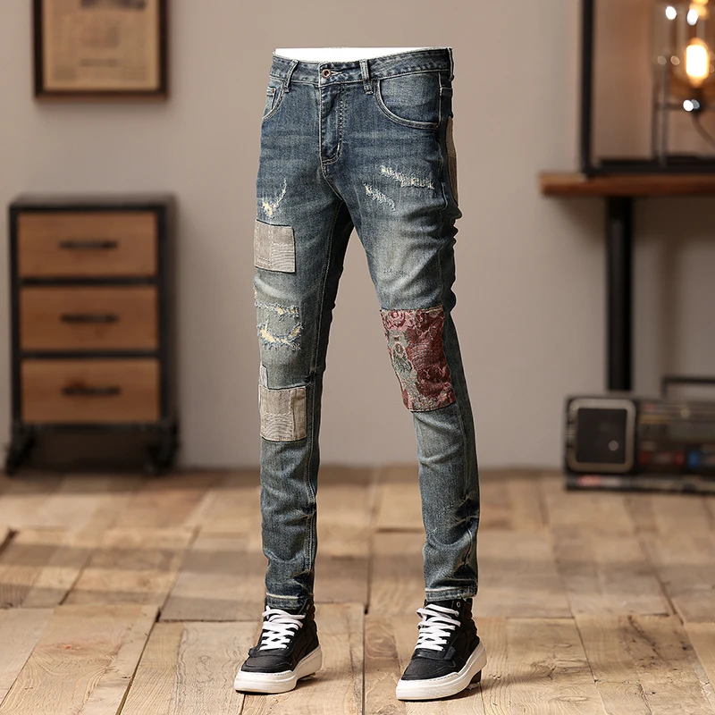 Streetwear Fashion Men Jeans Retro Washed Blue Stretch Skinny Fit Ripped Jeans Men Patched Designer Hip Hop Denim Pencil Pants