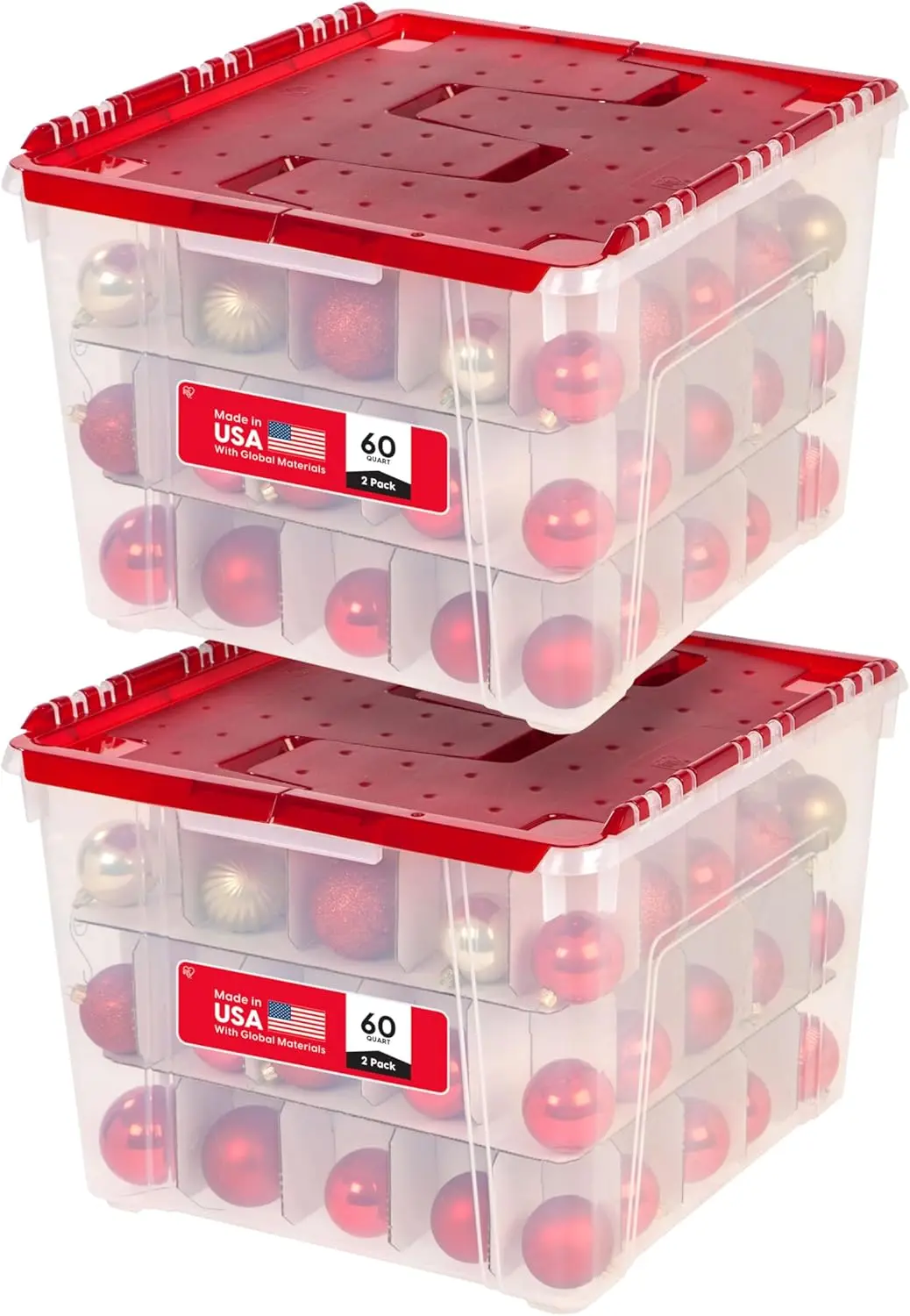 

Stackable Ornament Storage Box with Lid, Holds 75 Decorations per Bin, 2-Pack Clear/Red Holiday Organizer