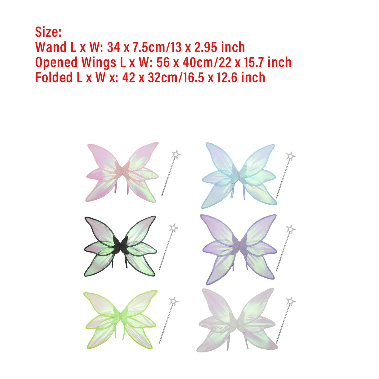 Kids Girls Fairy Cosplay Fairy Wings Dress Up Costume Performance Accessories Six-pieces Butterfly Wings with Star Wand Set