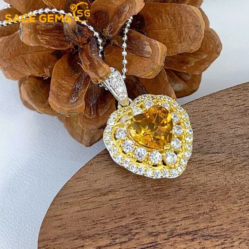 

SACE GEMS S925 Sterling Silver Certified 7MM Natual Citrine Pendant Necklaces for Womne Engagement Cocktail Party Fine Jewelry