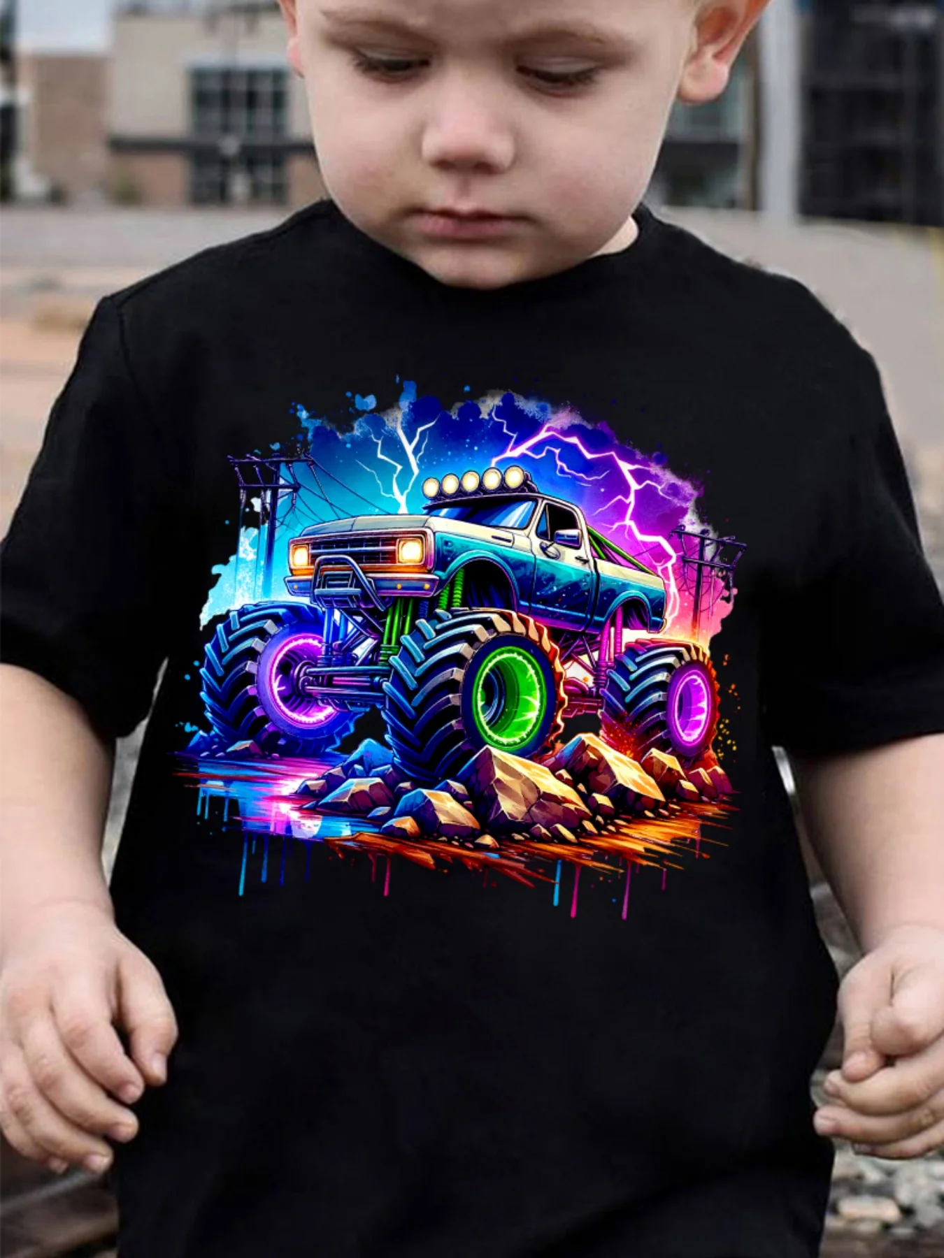 Kids Boys Girls Family Matching T Shirt Cool Lightning Monster Truck Colorful Splash Graphic Print Short Sleeve Tee Casual Tops