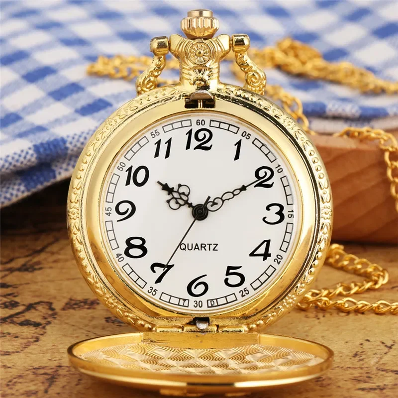 Reloj de bolsillo analógico de cuarzo para hombre y mujer, barco de lona de vela de oro amarillo de lujo, cadena con colgante de collar con números arábigos de cazador completo