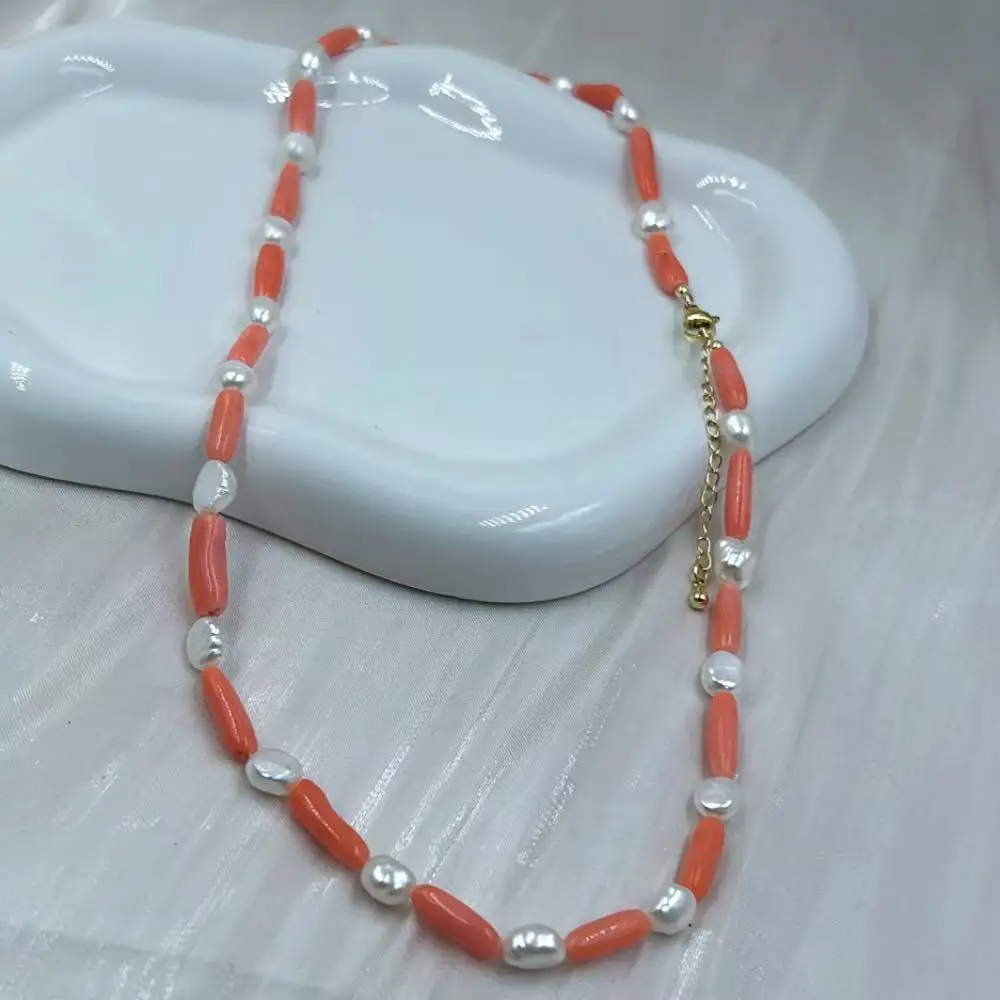 4 مللي متر 5x7 مللي متر 17-20 بوصة مجوهرات الأزياء البحر الطبيعي الخيزران البرتقالي المرجان الأبيض لؤلؤ المياه العذبة الطبيعية قلادة قصيرة #6