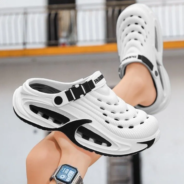 Men's thick-soled cool slippers men's summer wear one-word drag breathable beach shoes outdoor hole shoes bag head drag