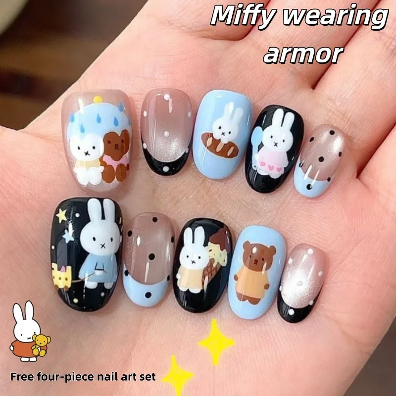 Miffy Rabbit Blue-Black Playful Color-block with French-style Polka Dot Bear Design, Cute Oval Energetic Press-on Nails