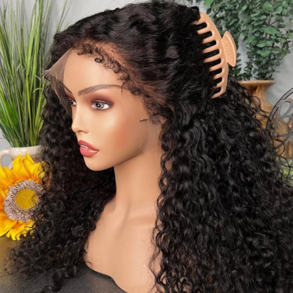 Glueless Long 180Density 26Inch Kinky Curly Natural Black Deep Lace Front Wig For Women With Baby Hair Preplucked Daily