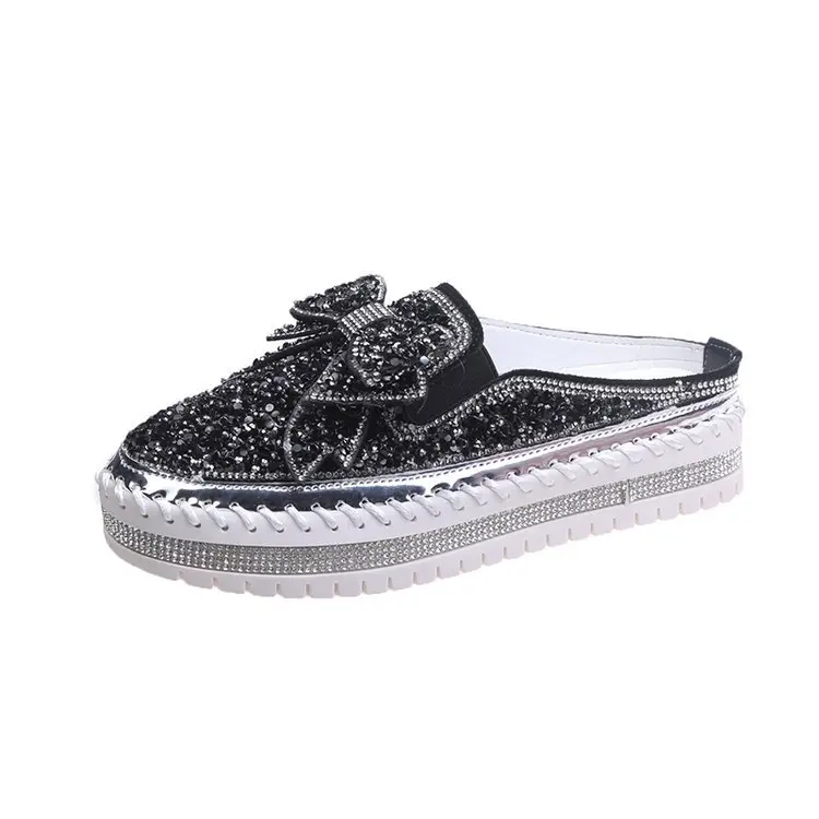 Low Female Shoes Ladies\' Slippers Glitter Slides Beige Heeled Sandals 2024 Jelly Summer Flat Black Rubber Crystal Fabric Solid R