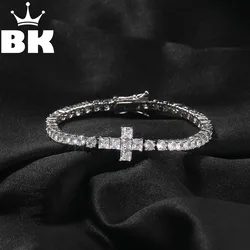 THE BLING KING 4mm Cross Tennis Chain Bracelet For Men Iced Out Round Cut CZ Stack Link Baguette Cross Luxury Hip Hop Jewelry