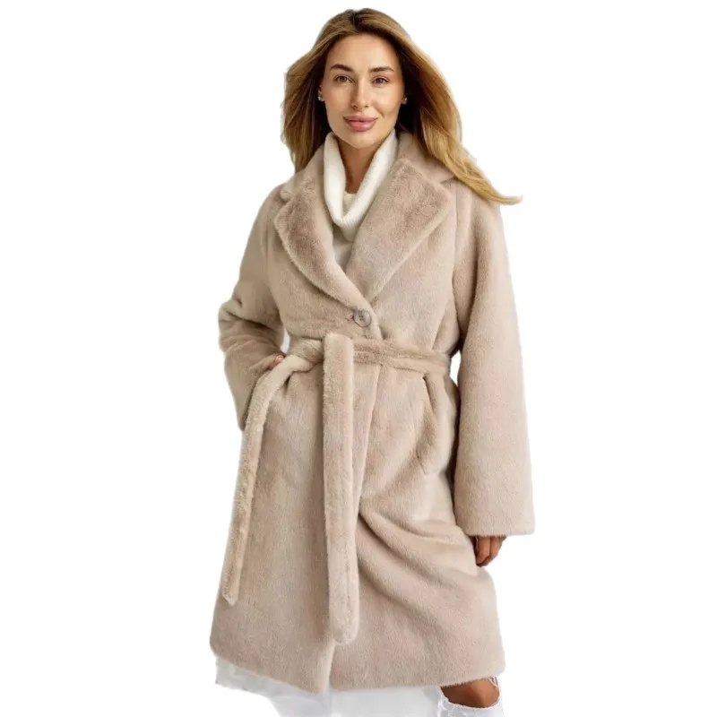 Manteau de fourrure pardessus long artificiel mélangé avec ceinture haut cardigan pour femme