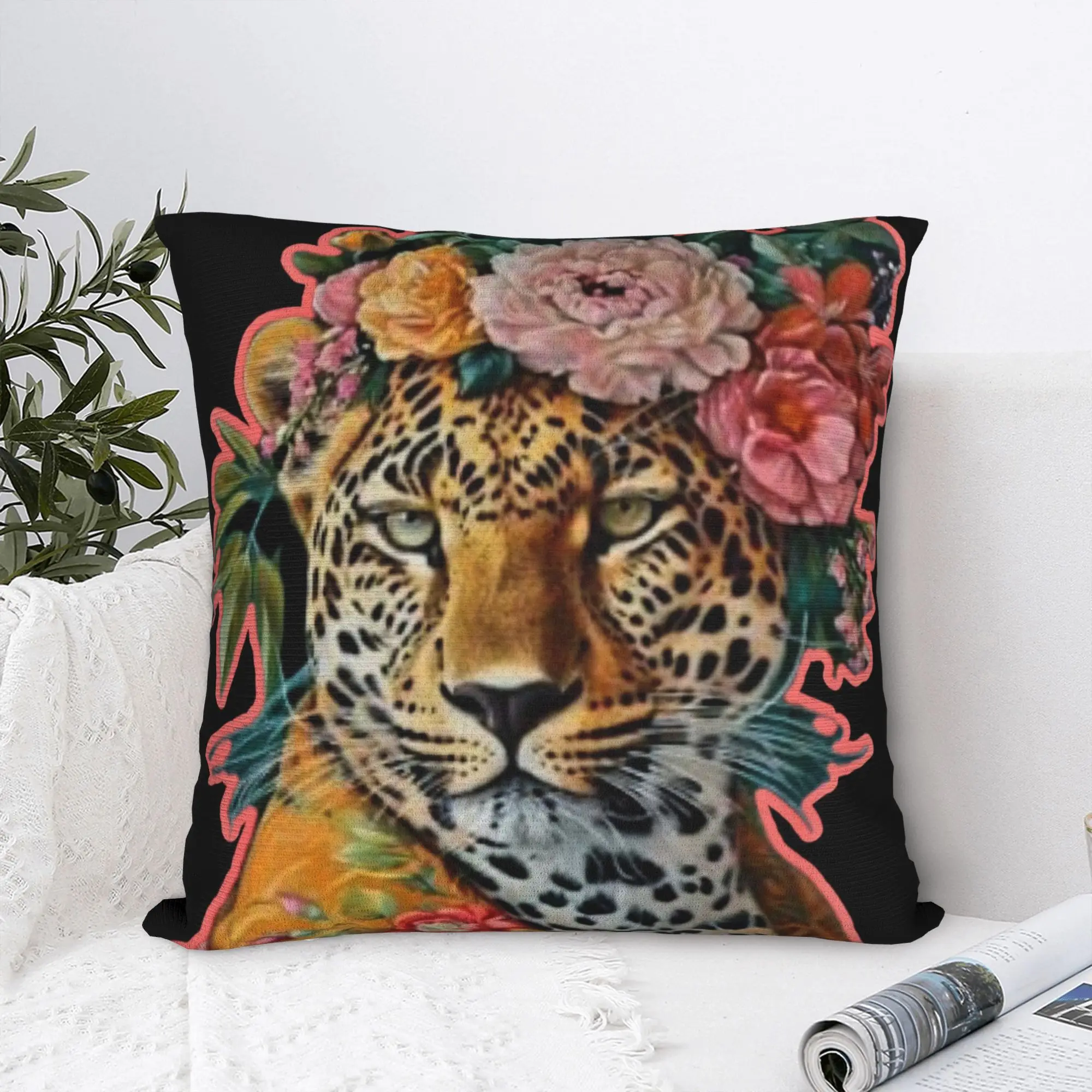 Pillow Cover Leopard in Pink Glasses Flower Crown  Morden Pillow Case For Living Room Bed Chair Pillowcases