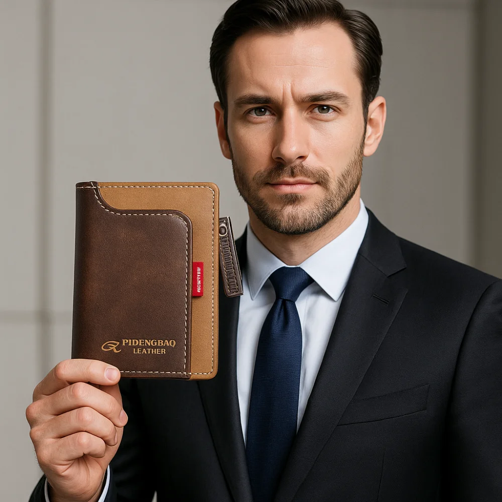 محفظة رجالية كلاسيكية فاخرة قصيرة مضادة للسرقة وحامل بطاقة الائتمان RFID وسحاب للإغلاق وحقيبة النقود غير الرسمية للأعمال