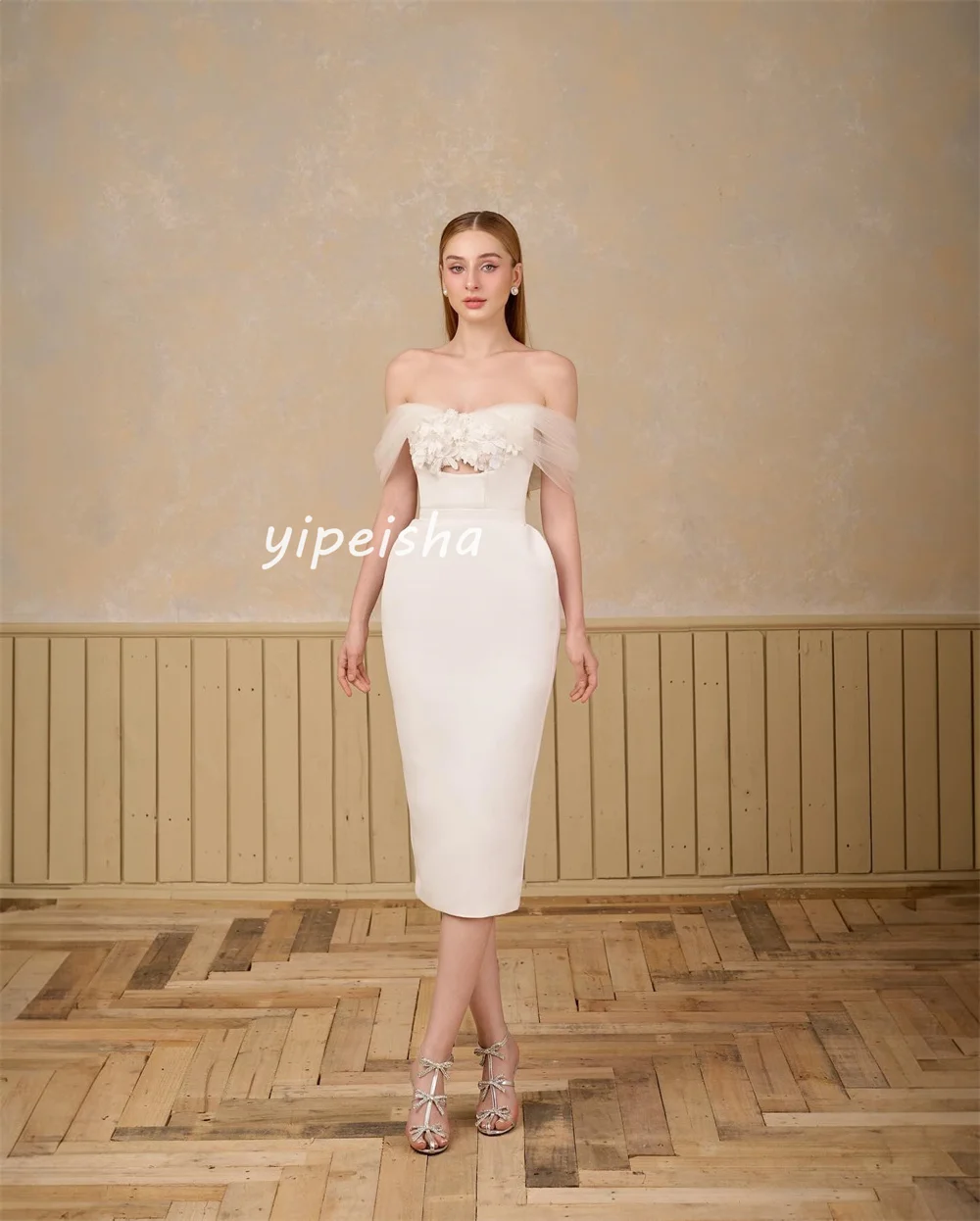 Customized Elegant Matching Jersey Flower Pleat Sheath Off-the-shoulder Knee Length Dresses Cocktail Dresses High Quality Sizes