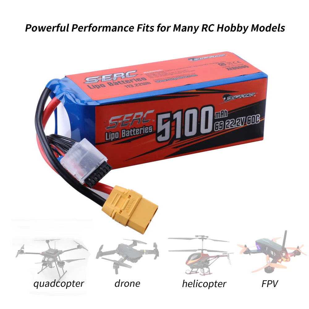 SUNPADOW 6S RC Lipo Battery for 22.2V 60C 5100mAh with XT90 Connector for RC Airplane Aircraft Quadcopter Drone FPV Helicopter