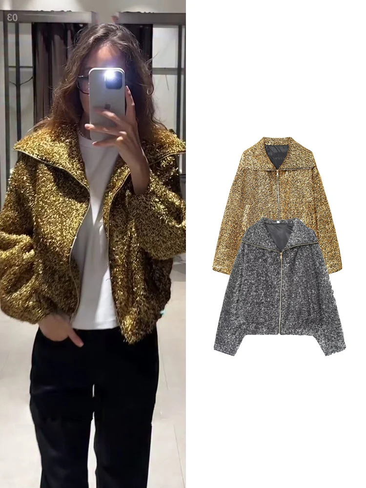 

Осенняя новая куртка-бомбер с металлической нитью для женщин, винтажная уличная одежда на молнии с длинными рукавами, повседневная свободная женская модная верхняя одежда с лацканами