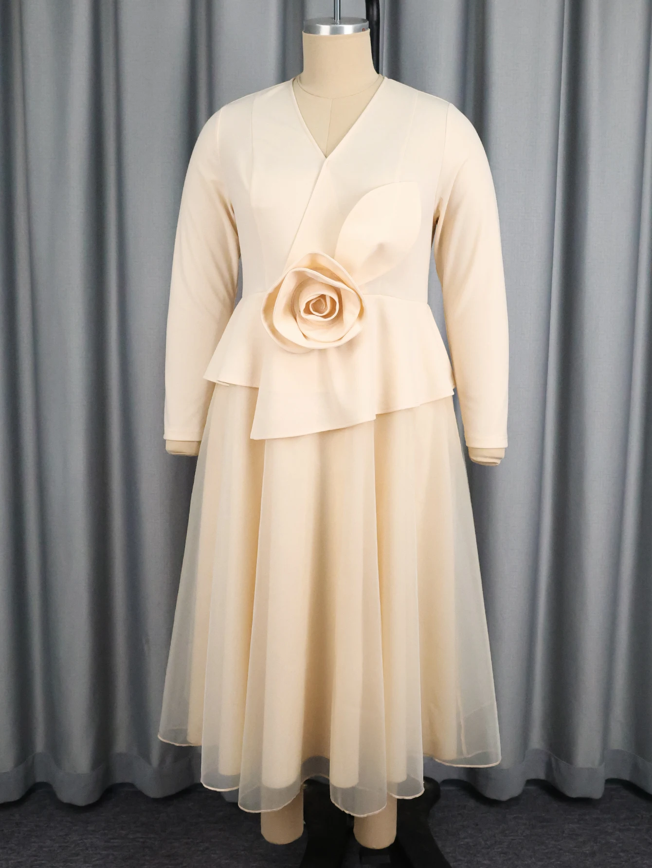 Elegant Women A Line Dress V Neck Long Sleeve 3D Flower Peplum Patchwork Mesh Wedding Guest Church Party Outfit Autumn New