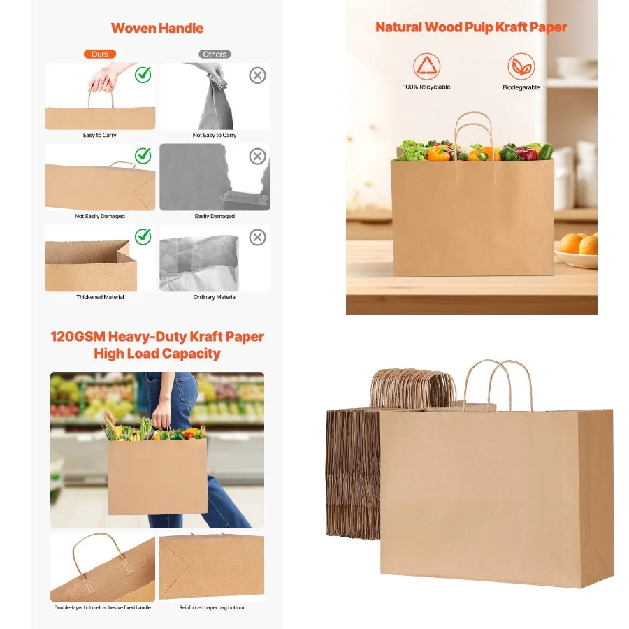 

Kraft Paper Bag with Handles 100Pcs 16x6x12 in Party Shopping Retail Bag Brown
