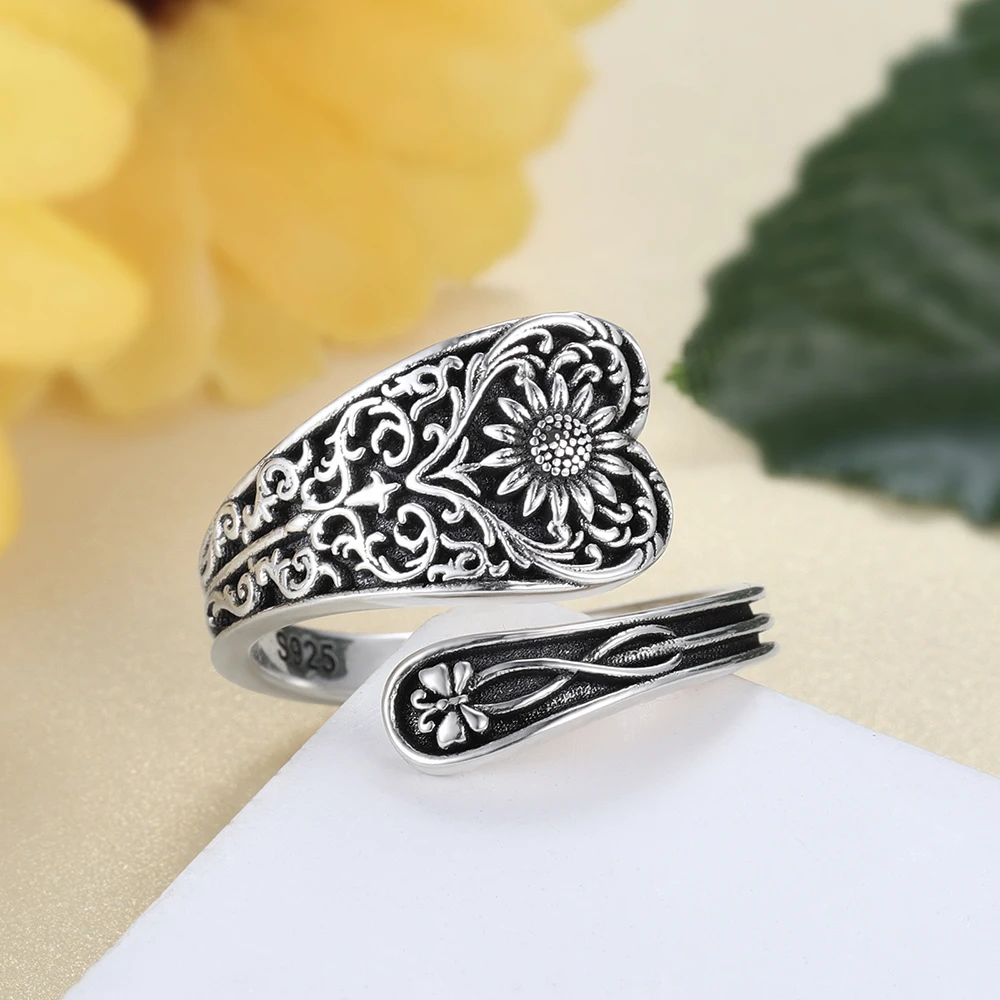 925 Sterling Silber Vintage Sonnenblumen löffel verstellbarer Ring viktoria nischen Schmuck macht ein tolles Geburtstags geschenk für Freundinnen