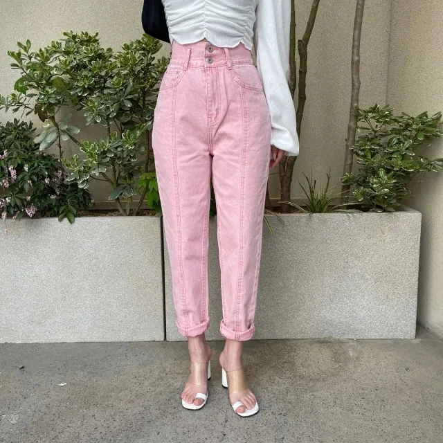 New Pink 3D Line Casual Straight Leg Jeans High Waist Nine Points Jeans Cotton 100% Standard Fit Four Seasons Wear