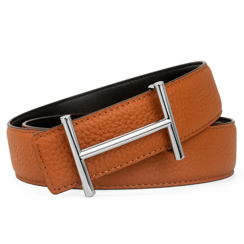 Width 3.4cm Genuine Leather Business Belt Cowboy Waistband Men Fashion Litchi Stria Buckle Belts,with Letter \