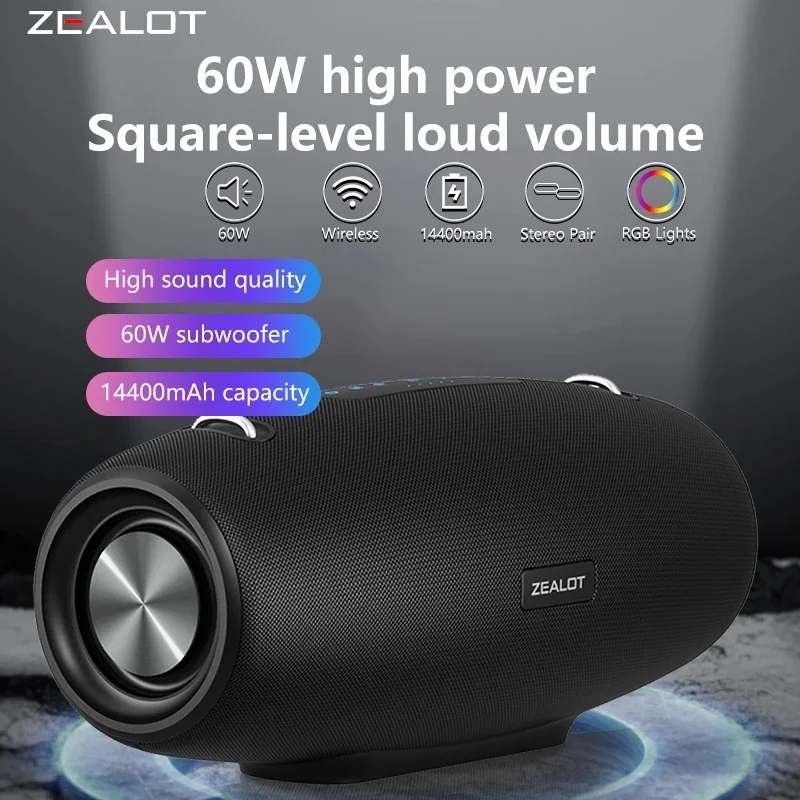 Zealot S67 ワイヤレス スピーカー ショルダー ストラップ付き、屋外