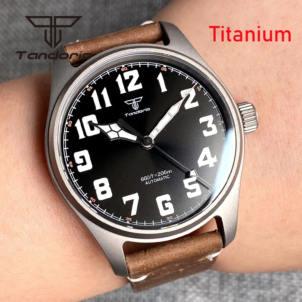 Tandorio Titanium Case Sapphire Glass Light Weight 39mm Pilot 200m Automatic Dive Watch for Men Screw Crown Leather Luminous