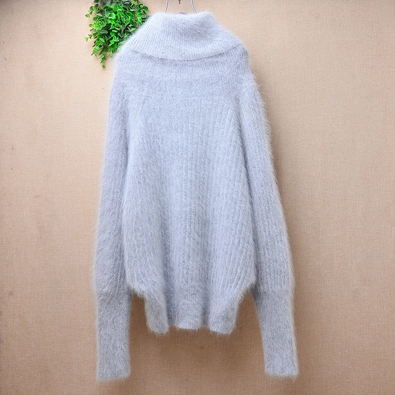 Women Mujer Autumn Winter Clothing Grey Striped Hairy Angora Rabbit Hair Knitted Long Sleeves Turtleneck Loose Pullover Sweater