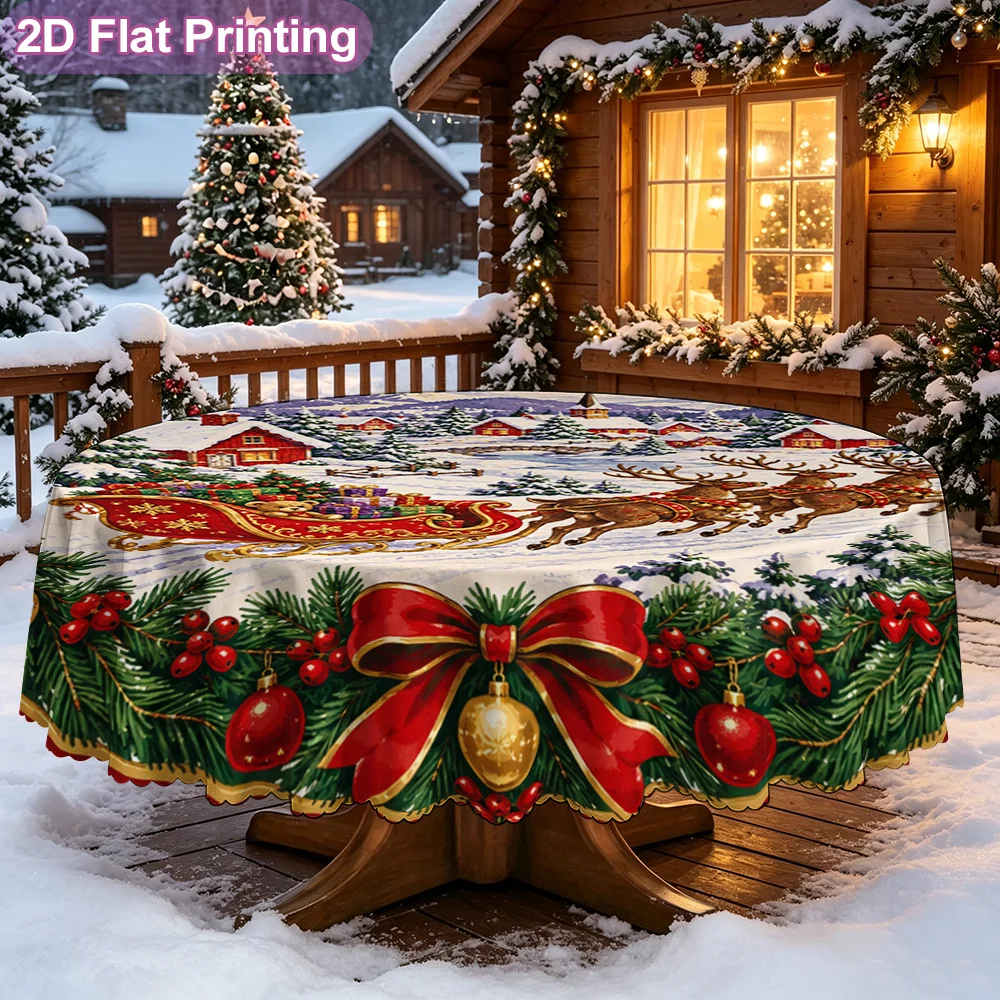 1-Piece Round Christmas Reindeer Sleigh Tablecloth with Sleigh and Reindeer Patterns - Soft Material for  Party Decorations