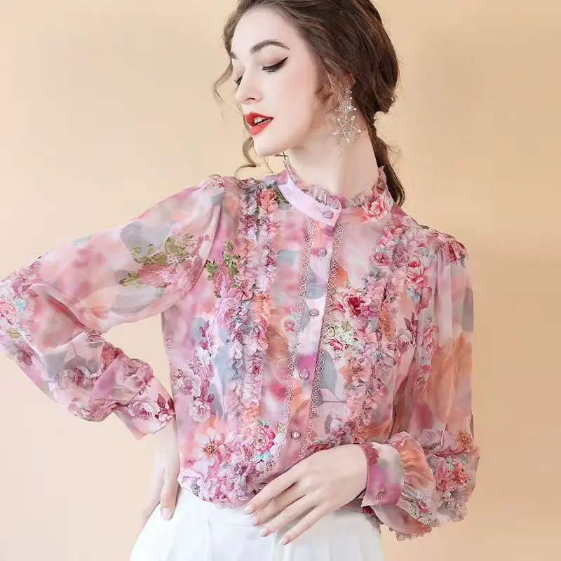 

Flower Ruffle Work Party Shirt Women Spring Summer Long Sleeve Blouses Loose Stand Collar Lace Shirt Chiffon