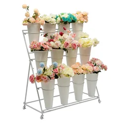 Flower Display Stand / 2x Buckets White Tapered Bucket / 3 Layers White Metal Plant Stand with Wheels