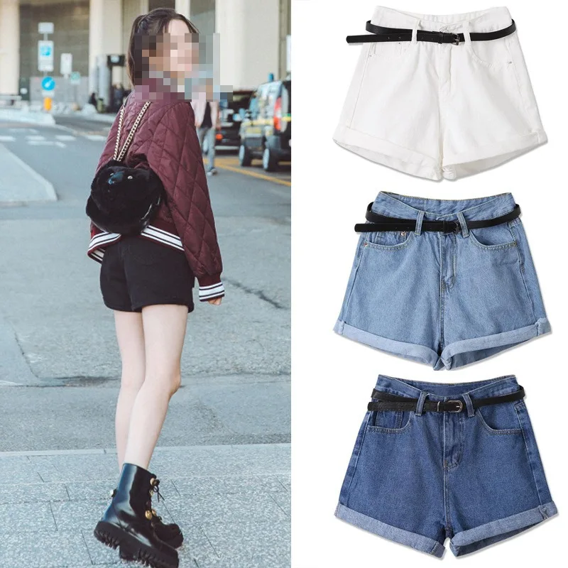 

Summer Korean New Women Clothing Rolled Casual Women's High-waisted Shorts Loose Jeans Shorts Solid Color Streetwear Short Pants