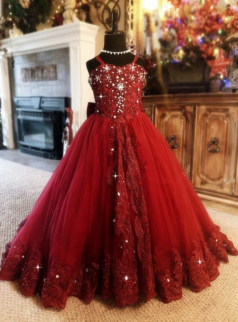 Rote Blumenmädchenkleider, Träger, Strass-Applikation, Hochzeit, Party, Tüll, Ballkleid, ärmellos, bodenlang, Prinzessin-Festzug-Kleid