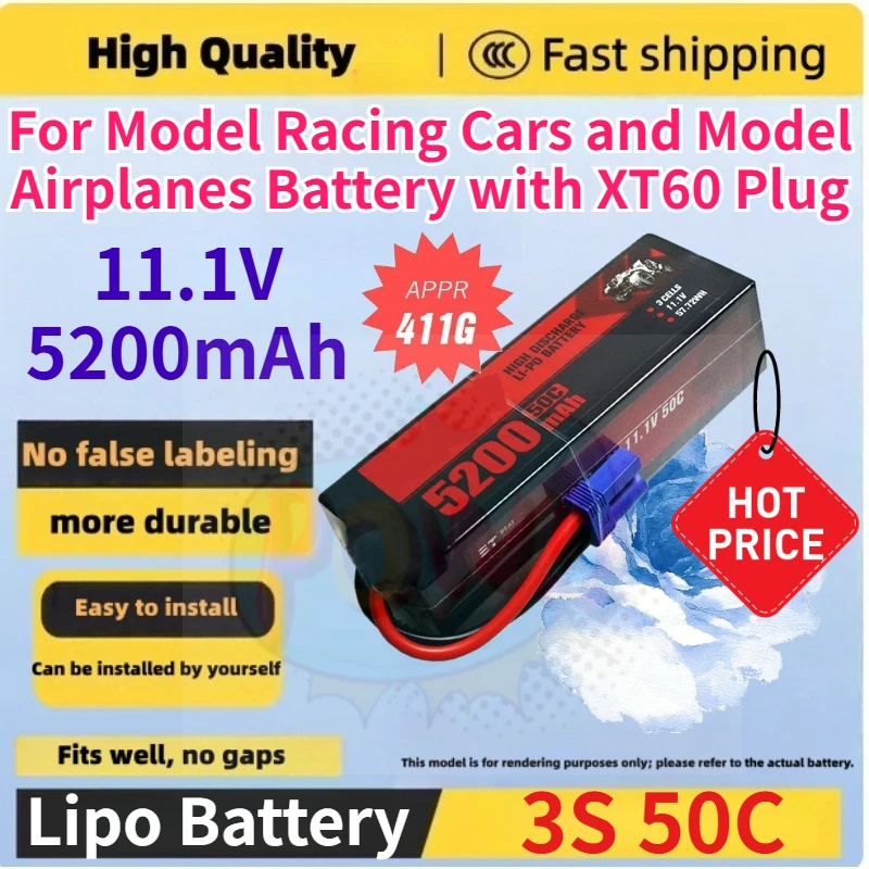 

New 11.1V 5200mAh 3S 50C Replace Rechargeable Lipo Battery for Model Racing Cars and Model Airplanes Battery with XT60 Plug