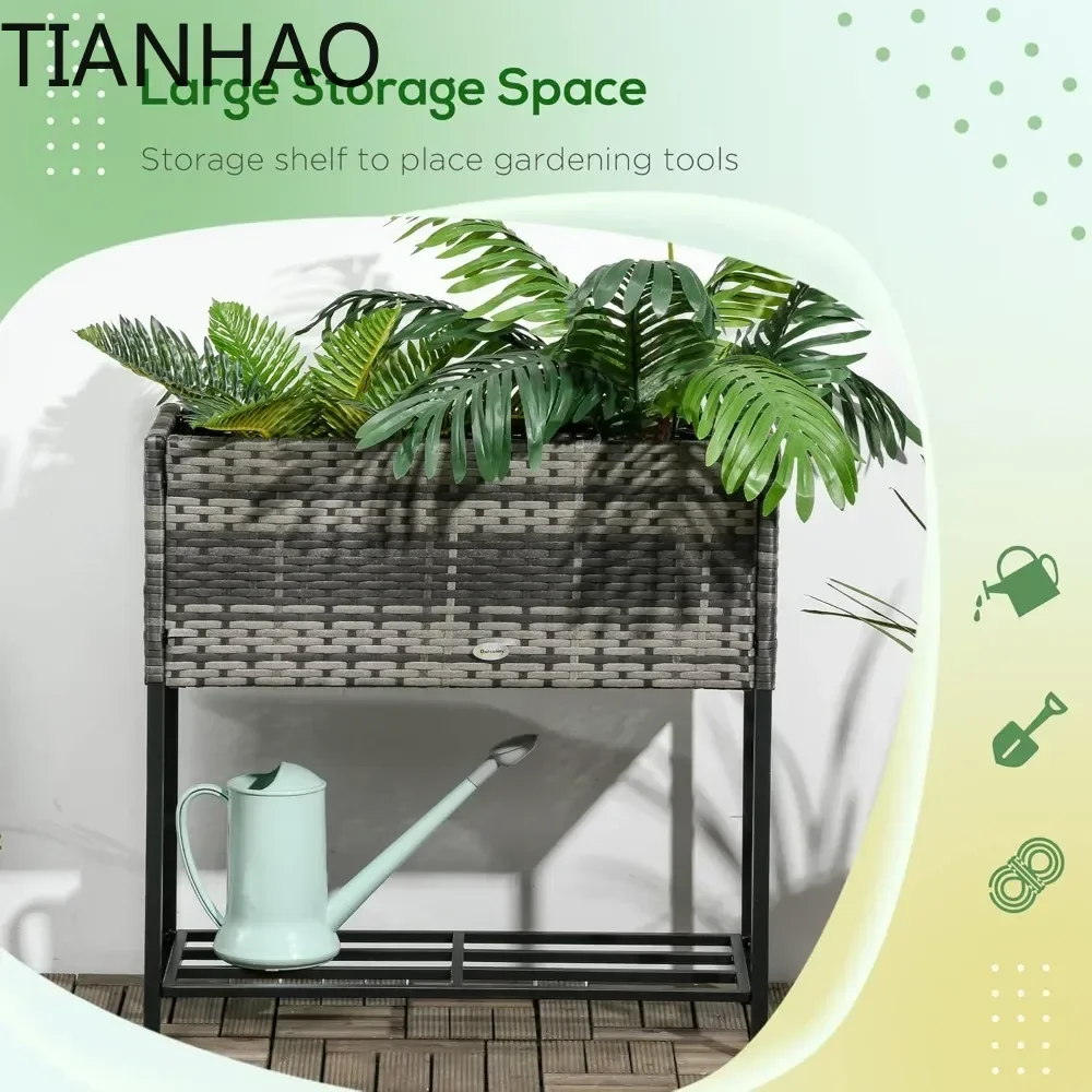 Raised Garden Bed,Elevated Planter Boxith Rattanicker Look,Tool Storage Shelf,Portable Design for Herbs,Vegetables,Flowers,Gray