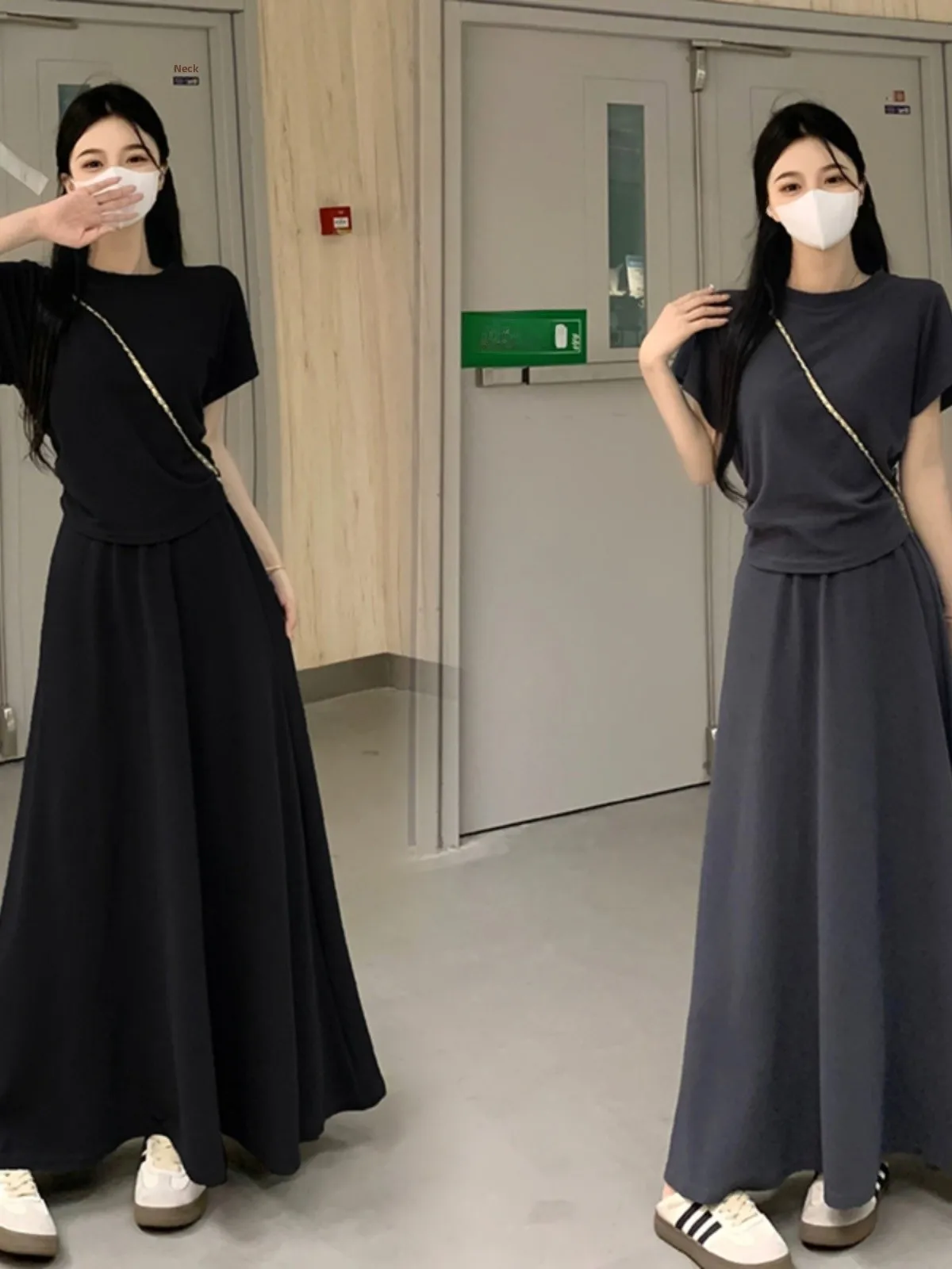 

Комплект женской повседневной одежды больших размеров: топ с коротким рукавом, скрывающий живот, и юбка-полусолнце. Летний наряд, цельный комплект с круглым вырезом.