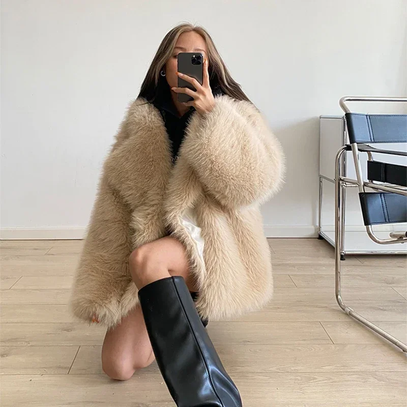 

Fashion Oversized Lapel Fluffy Fur Women's Coat Winter Warm Faux Fur Jacket Long Sleeves Luxury Brand Party Outwear Clothes