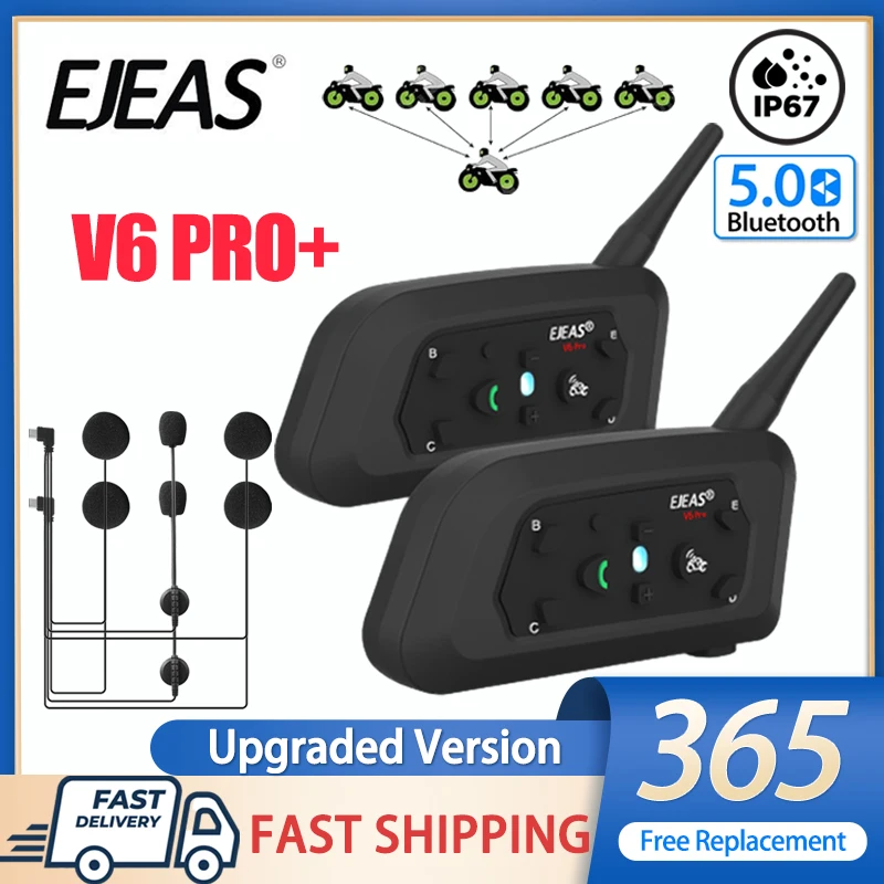 

EJEAS V6 PRO Мотоциклетная гарнитура-интерком для шлема, водонепроницаемая IP67, Bluetooth-коммуникатор, длительное время работы от батареи, для 6 человек, ездящих на мотоциклах