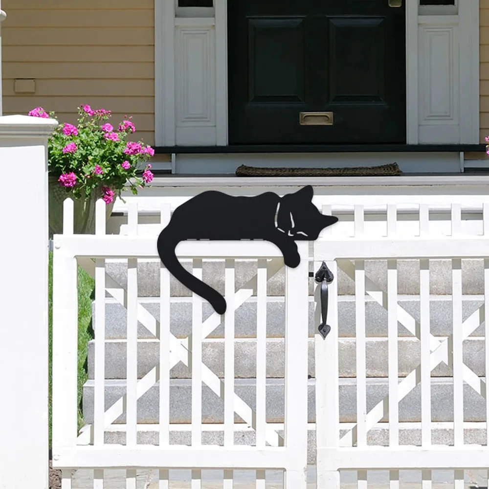 1 Durable Rural Black Cat Silhouette Fence Topper Metal Sleeping Cat Garden Sculpture Outdoor Art Decoration