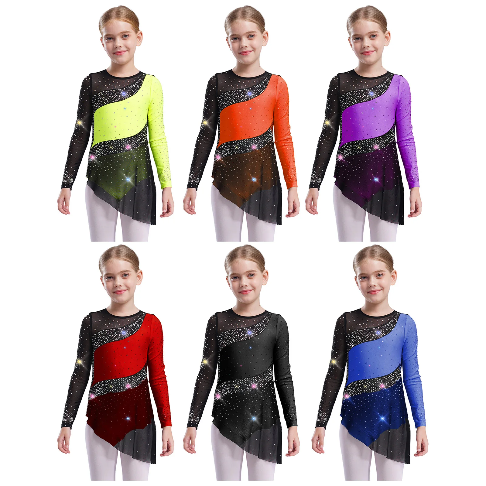 Crianças meninas ballet collant vestido ginástica rítmica lírica dancewear manga longa pura malha strass patinação artística collant