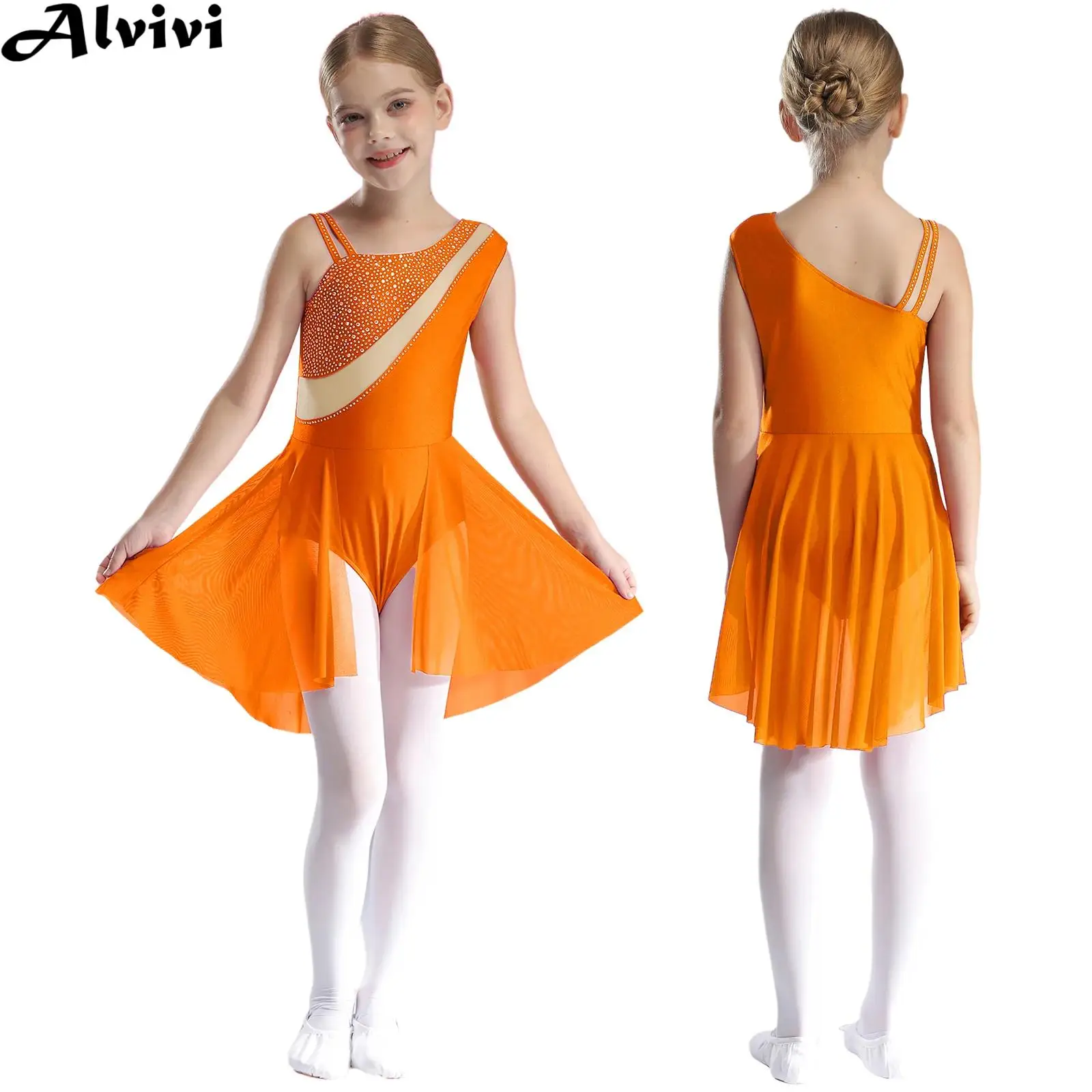 Kids Girls Lyrical Dance Costume Figure Skating Ballet Gymnastics Acrobatics Leotard Dress Sheer Mesh Shiny Rhinestone Bodysuit