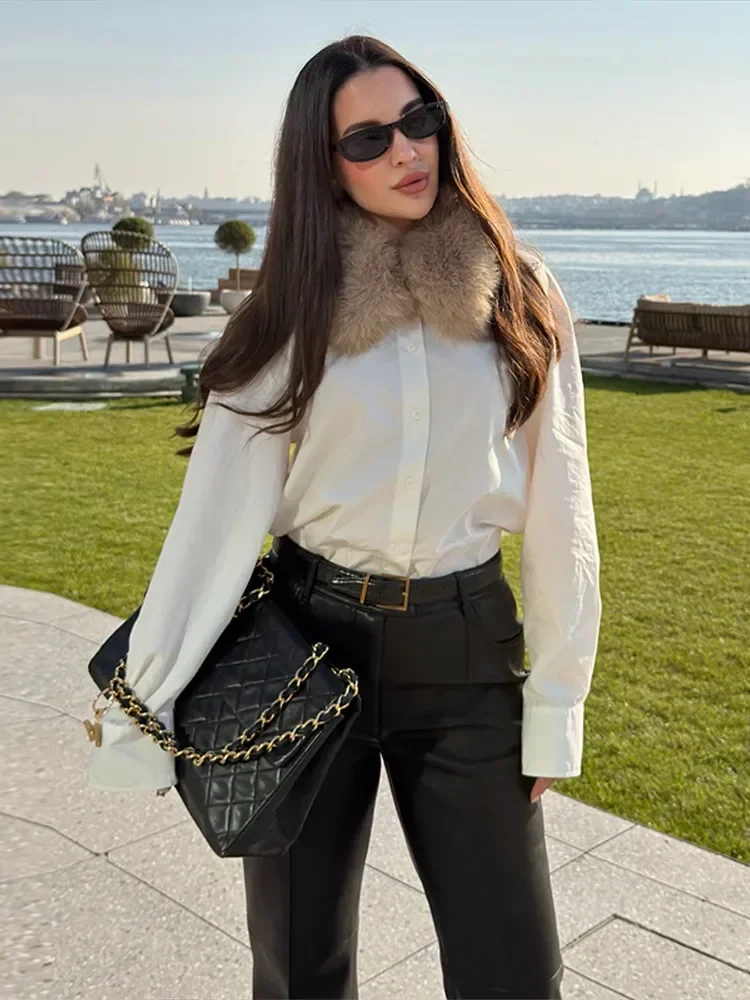 

Women Casual Detachable Fur Collar Shirt Full Sleeve Single Breasted Loose Blouses 2026 Fashion Spring Commute Street Shirts