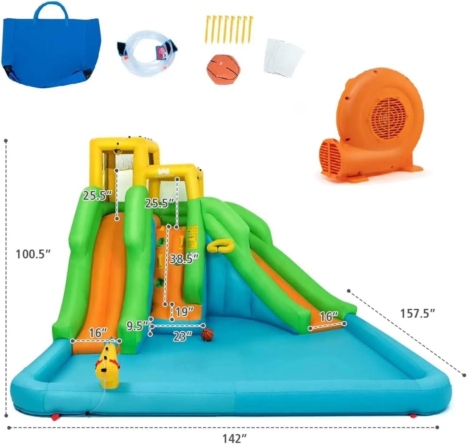Opblaasbare Waterglijbaan, 6 In 1 Gigantisch Waterglijbaanpark Voor Kinderen Buitenplezier Met 550W Blazer, 2 Glijbanen, Spatzwembad, Opblazen