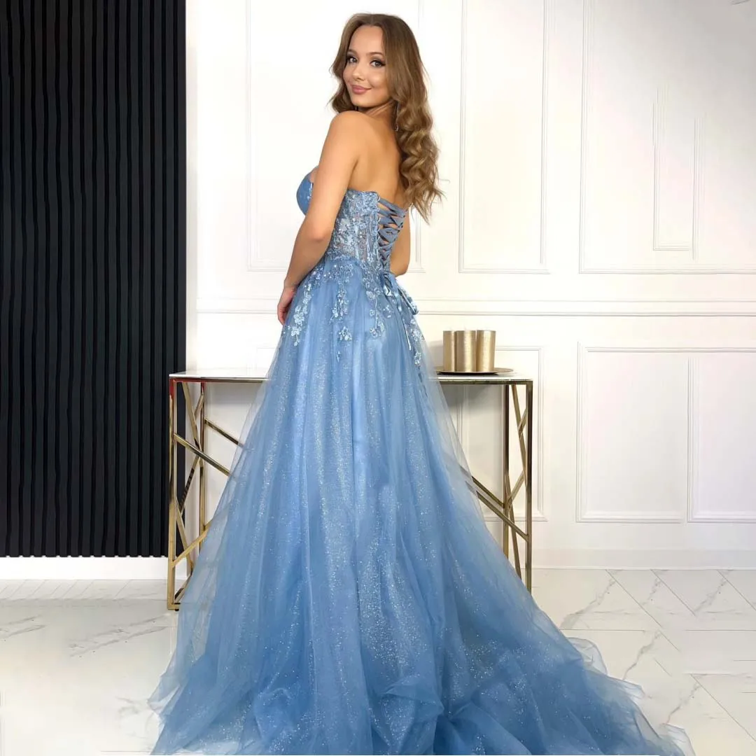 우아한 아플리케 장식 원숄더 프롬 드레스 튤 글리터 하이 슬릿 롱 드레스 생일 파티 공주 드레스 크리스마스 이브닝 드레스