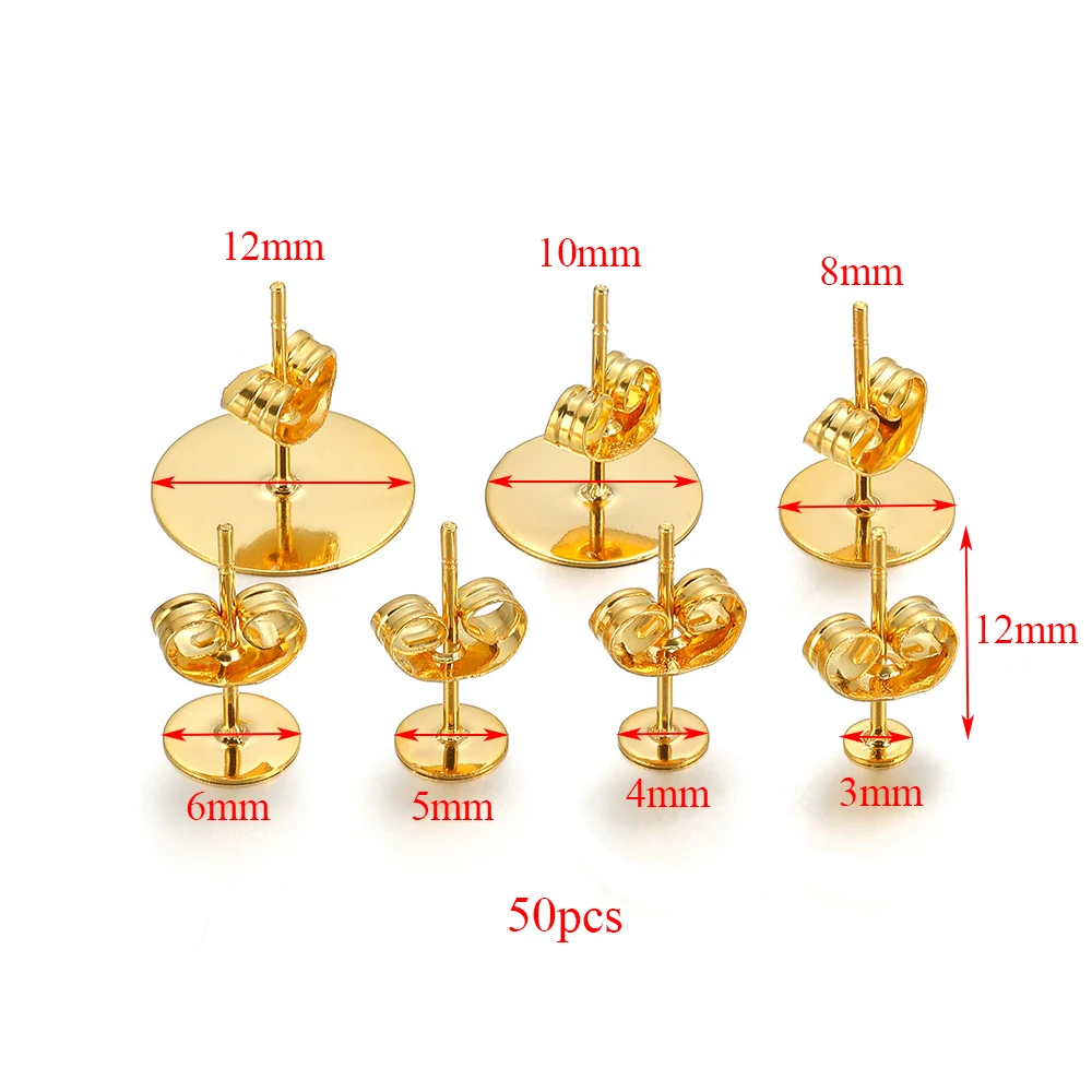 50-100Pcs/Lot Stainless Steel Blank Gold Plated Earrings Pins Round Flat Base for DIY Jewelry Making Cabochons Settings Material