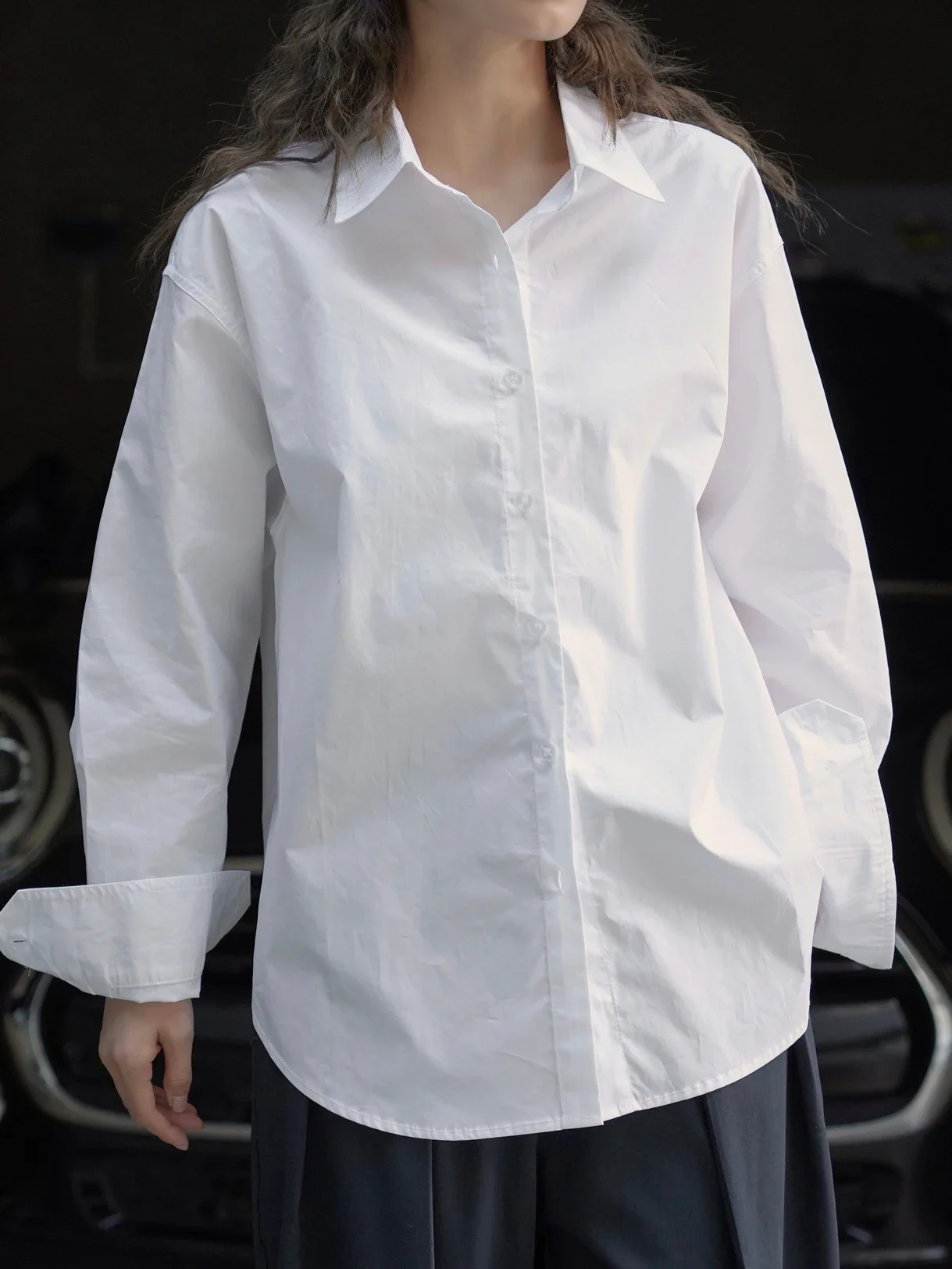 Women's Lapel Long-Sleeved Loose Shirt, Casual Shirt, Monochromatic, Spring and Autumn